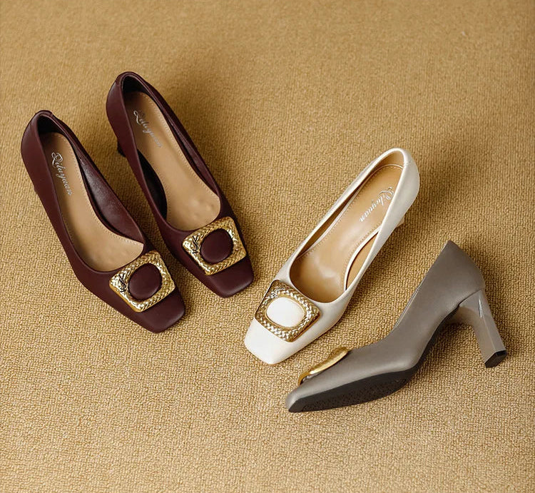 Basic Shallow Square Toe Women Pumps High Quality PU Leather Matte Thick Heel Office Shoes Woman Maroon 7CM High Heels