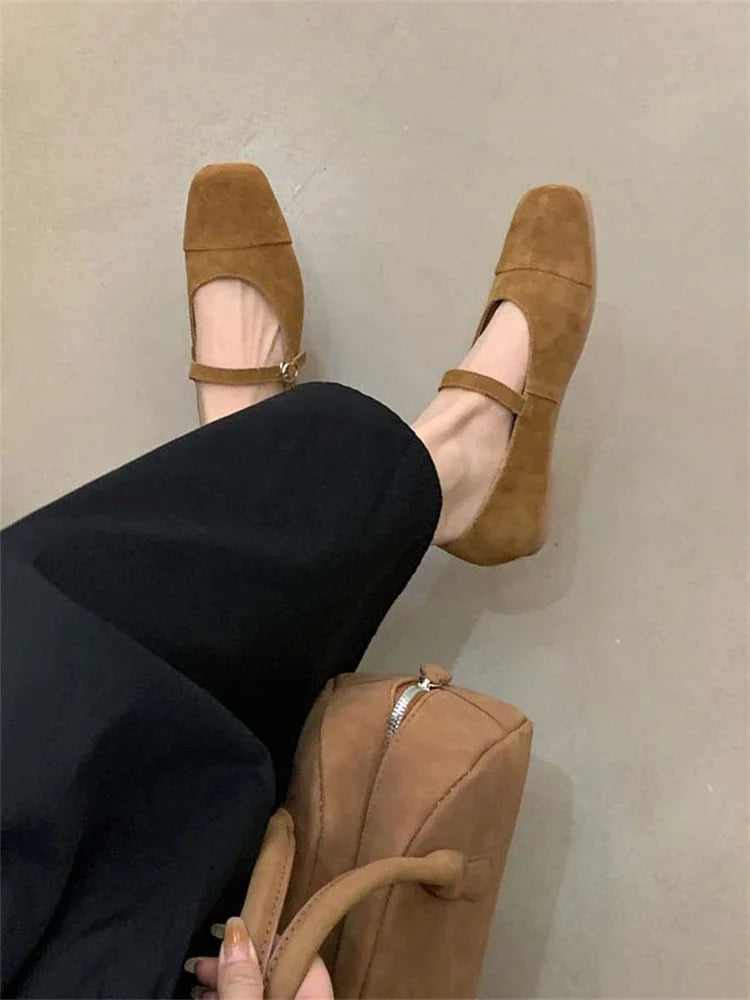 Streetwear Velvet Mary Jane Shoes for Women Casual Ballet Flats Pumps Female Ladies Loafers Buckle Single Mules