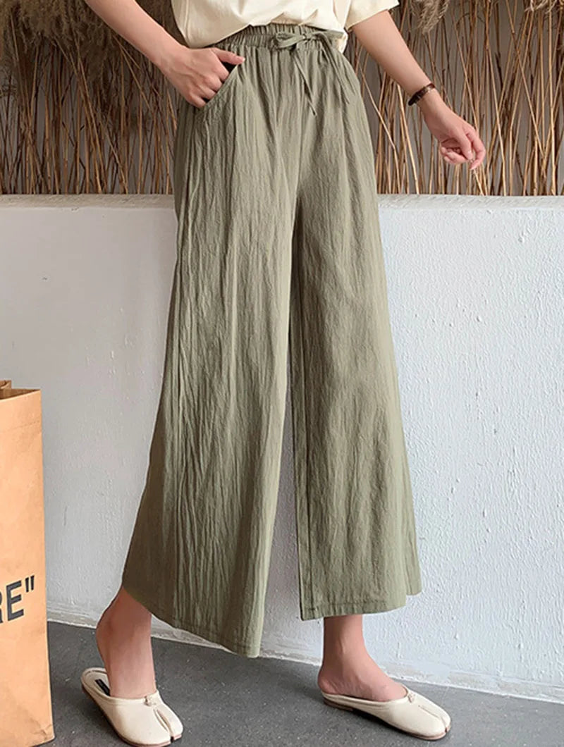 Casual Baggy Wide Leg Trousers Women Summer Thin Comfy Breathable Ankle Length Pants Vintage Loose Cotton Linen Straight Pants