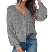 Women's Lightweight Crochet Cropped Cardigan Knitted Hollow Out V Neck Long Sleeve Button up Bolero Shrug Sweater