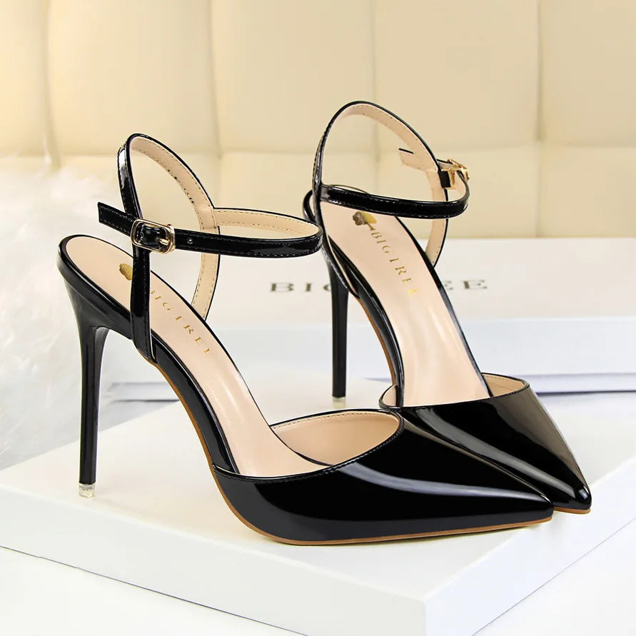 Women 10.5cm High Heels Sandals Lady Metallic Gray Patent Leather Stripper Ankle Strap Sandals Wedding Fetish Nightclub Shoes