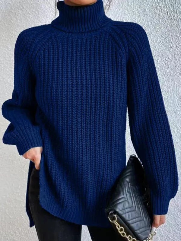 Turtlenecks Women Pullovers Mid-Long Casual Knit Sweater Fad Raglan Sleeves Side Slit Sweater New Skirt-style Jumper
