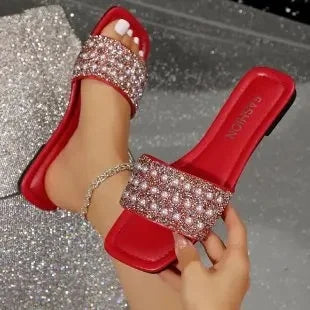 Women's Sandals Flat Bottom Slip-On Shoes Crystal Shiny Sequin Style Square Head Open-Toe Flat Heels