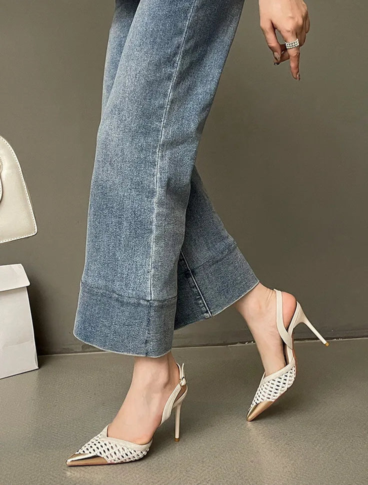Elegant Hollow Out Woven Stiletto Sandals Women Pointed Toe Metal Straps High Heels