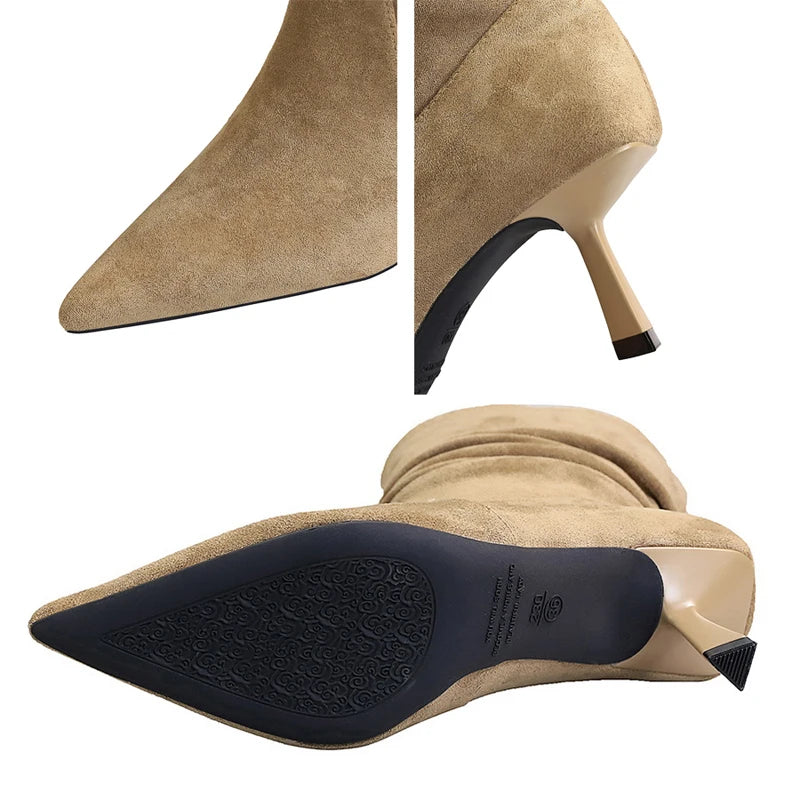 Women Pleated Elastic boots Woman Stiletto 6.5 CM High heel boots Suede Ankle boots Fashion Pointed short boots
