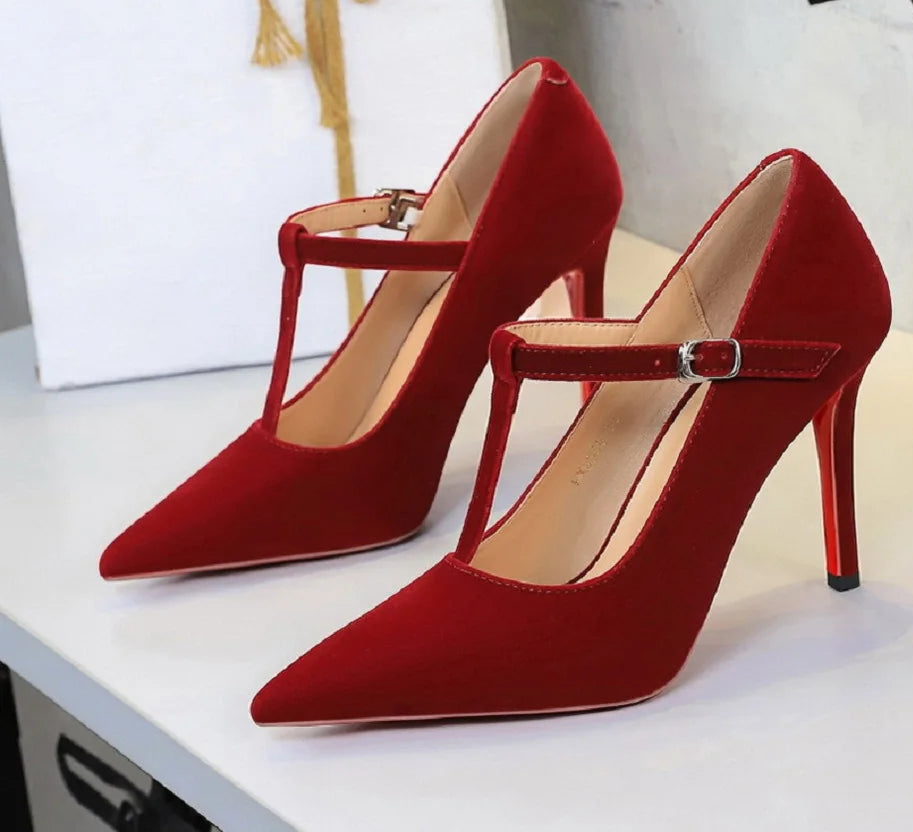 Red Bottoms Buckle Strap Shoes Fashion Pointed Toe Pumps Women Wedding Shoes