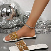 Women's Sandals Flat Bottom Slip-On Shoes Crystal Shiny Sequin Style Square Head Open-Toe Flat Heels