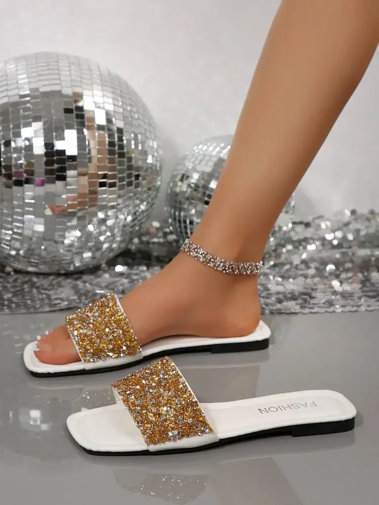 Women's Sandals Flat Bottom Slip-On Shoes Crystal Shiny Sequin Style Square Head Open-Toe Flat Heels