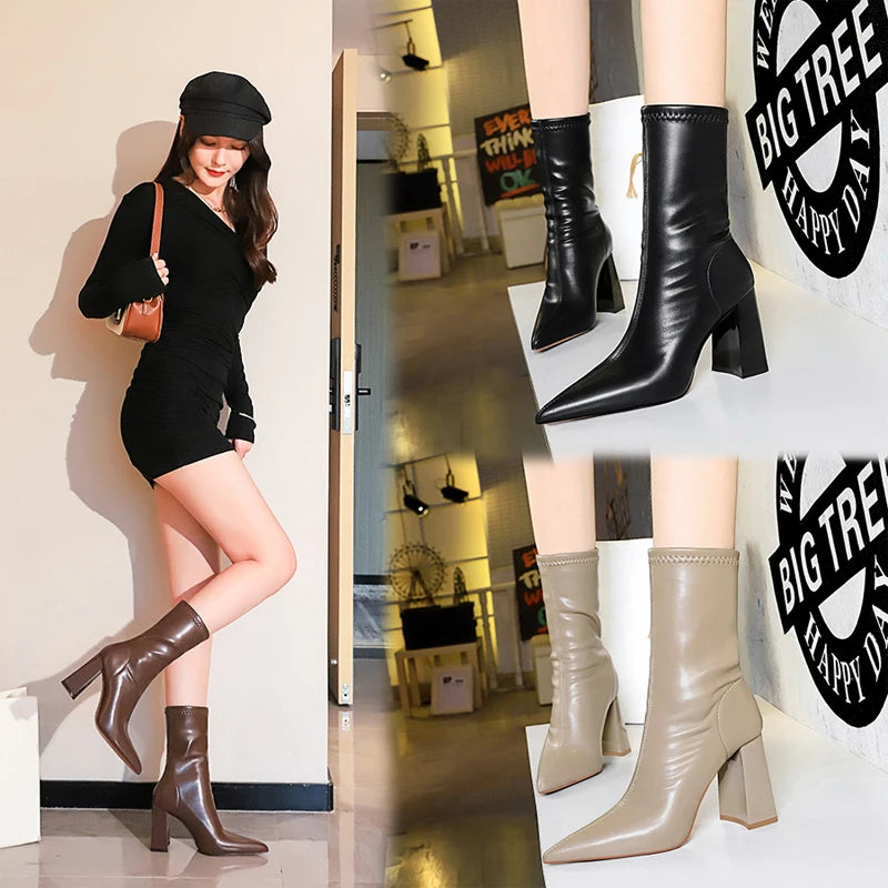 Mid-Calf Boots Chunky Block Heels Women Boots Pointed High-Heeled Boots Lady Pu Leather Boots Autumn Winter Shoes