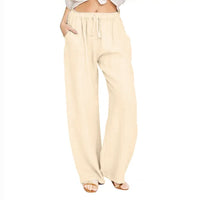 Women Cotton Linen Pants Solid Color Elastic Loose Drawstring Wide-Leg High Waist Trousers Female Stretch Straight Casual Pants