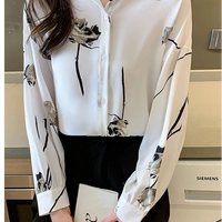 Women's Blouse Long Sleeve Rose Printed Fashionable Chiffon Shirt Long Sleeve Top