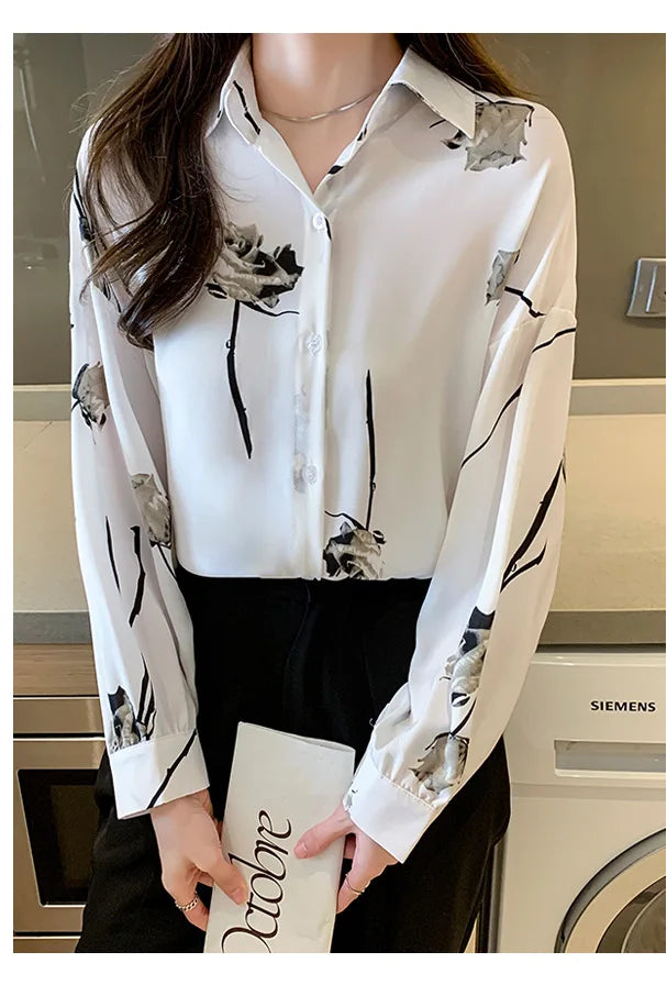 Women's Blouse Long Sleeve Rose Printed Fashionable Chiffon Shirt Long Sleeve Top