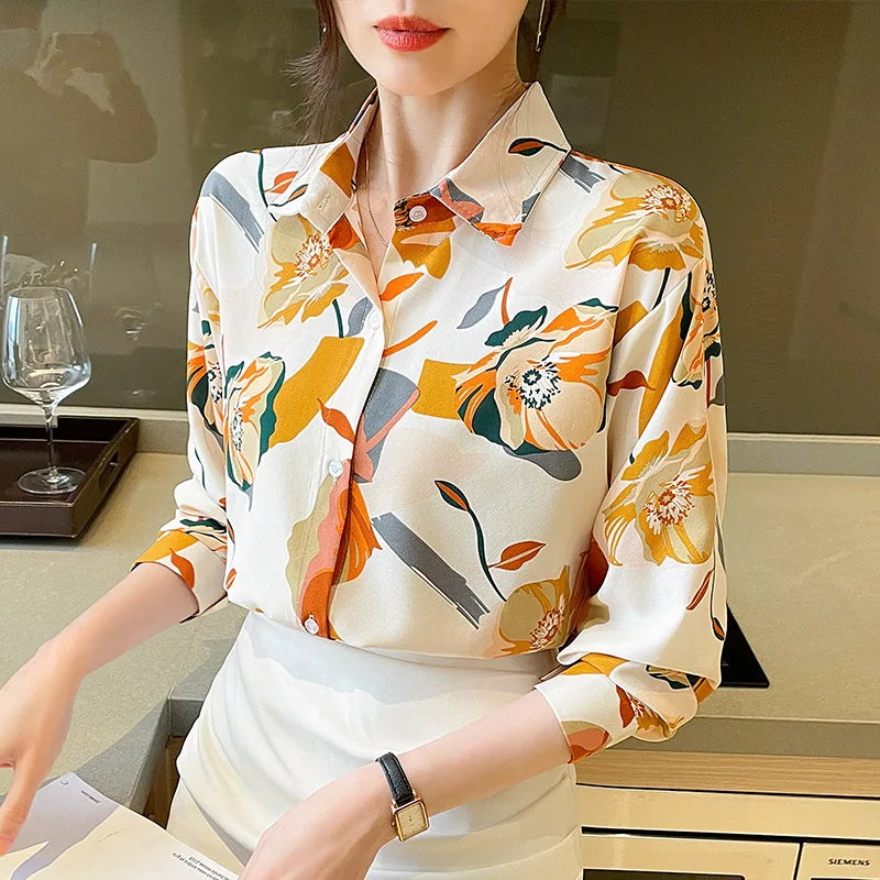 Vintage Style for Women Long Sleeve Flower Printed Spring Autumn semi formal Style Elegant Single Breasted Shirt