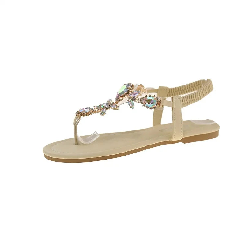 Flat Bottom Sandals Women's Fashion Flower Rhinestone Elastic Strap Casual Toe Post Sandals