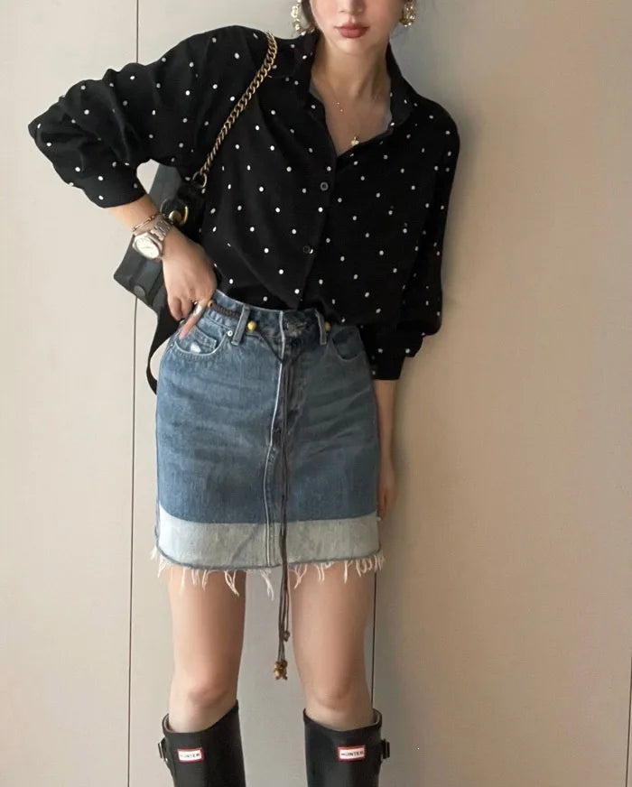 Chic Polka Dot Long Sleeve Shirt Women's Turn-down Collar French Style Simple Design Spring Summer New Arrival