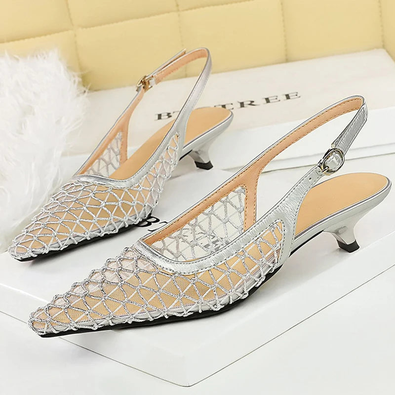 Mesh breathable Women Pumps Fashion Kitten heels 3 CM Hollow out and back strap Sandals Women Shoes