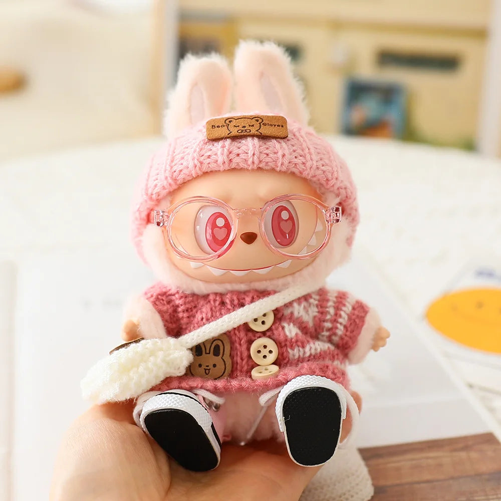 Doll clothes for Labubu Outfit 17cm Dolls Sitting Accessories Glasses Clothing Designer Kids Gift Sweater Hat Bag Set
