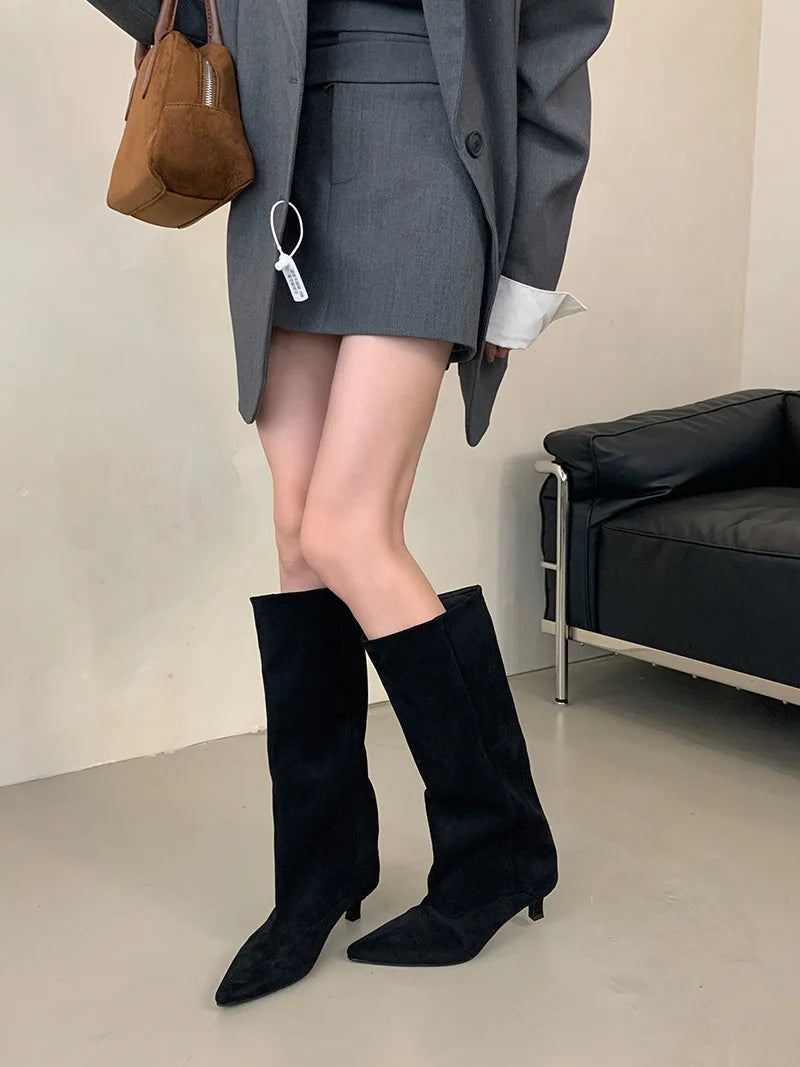 Street Style Pointed Toe Knee-High Boots Women Low Heels Shoes Female Long Booties Women Shoes