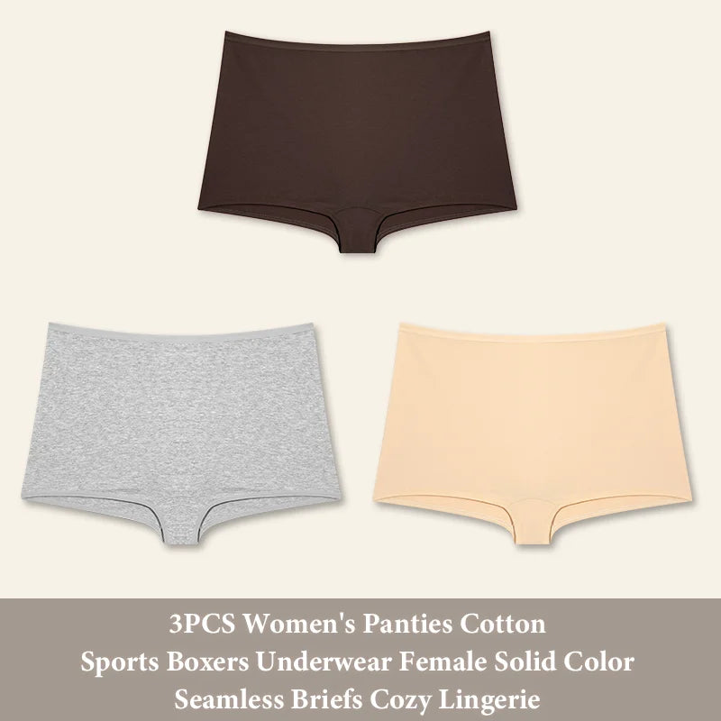 3PCS Women's Panties Cotton Seamless Sports Boxers Underwear Female Solid Color Briefs Cozy Lingerie Intimate Underpants