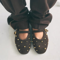 Round Toe Rivets Women Mary Jane Shoes Brown Faux Suede Metal Belt Non-slip Soft Sole Retro Design Ladies Flats