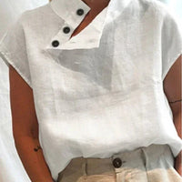 Women Cotton Linen Stand Collar Blouses Cap Sleeves Solid Color Loose Fit Casual Fashion Female Shirts Tops
