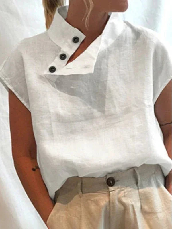Women Cotton Linen Stand Collar Blouses Cap Sleeves Solid Color Loose Fit Casual Fashion Female Shirts Tops