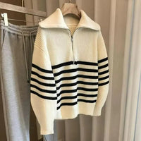 Autumn Winter Ladies Striped Knit Sweater Half Zipper Wide Lapel Collar Loose Long Sleeve Pullover For Casual Daily Going Out Natalia Home Fashion    Natalia Home Fashion