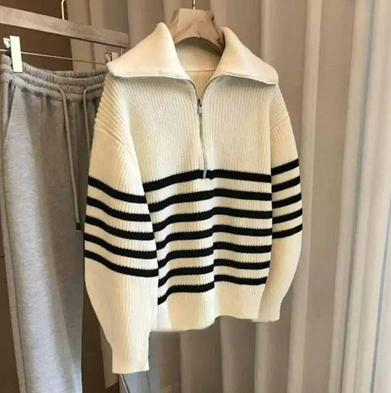 Autumn Winter Ladies Striped Knit Sweater Half Zipper Wide Lapel Collar Loose Long Sleeve Pullover For Casual Daily Going Out Natalia Home Fashion    Natalia Home Fashion