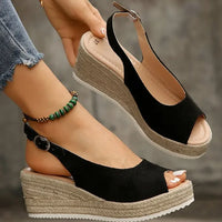 Women's Platform Sandals Summer New Large Size Fish Mouth Slope Heel Stones Pattern Shoes Thick Bottom Clog Casual Slip-On