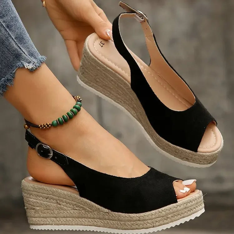 Women's Platform Sandals Summer New Large Size Fish Mouth Slope Heel Stones Pattern Shoes Thick Bottom Clog Casual Slip-On