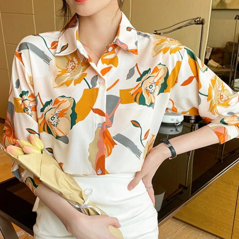Vintage Style for Women Long Sleeve Flower Printed Spring Autumn semi formal Style Elegant Single Breasted Shirt
