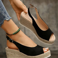 Women's Platform Sandals Summer New Large Size Fish Mouth Slope Heel Stones Pattern Shoes Thick Bottom Clog Casual Slip-On