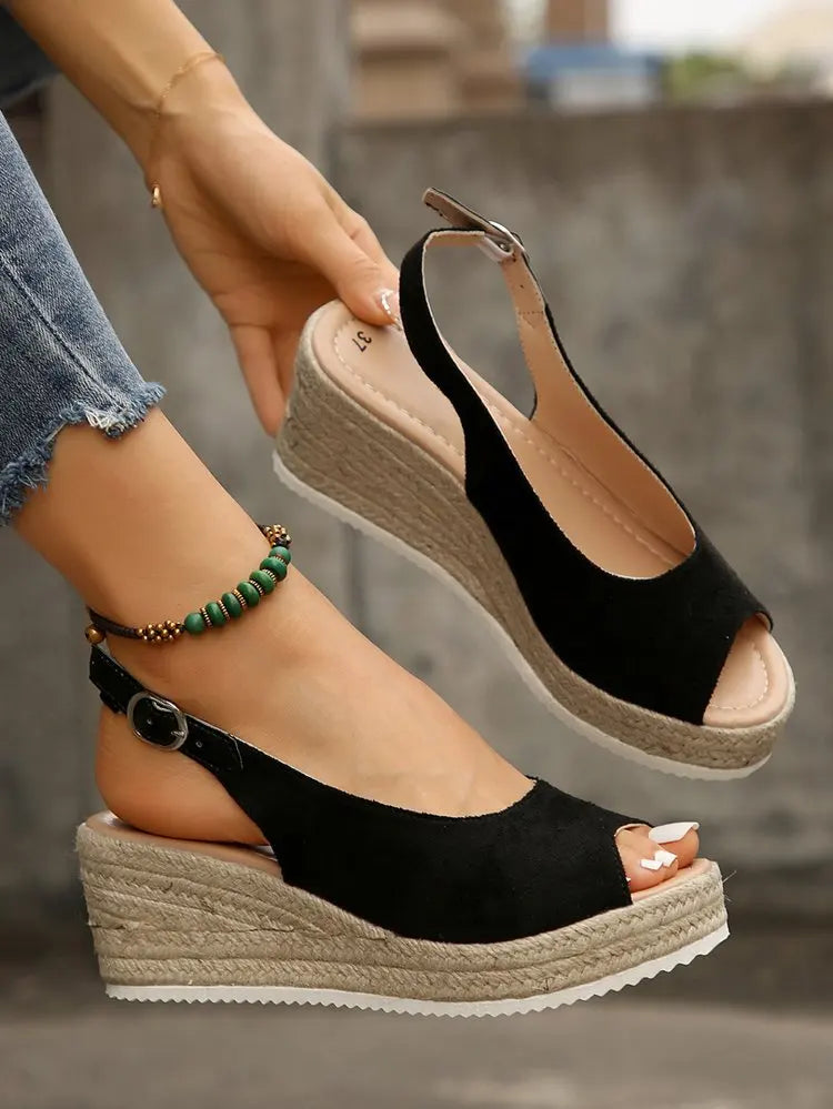 Women's Platform Sandals Summer New Large Size Fish Mouth Slope Heel Stones Pattern Shoes Thick Bottom Clog Casual Slip-On