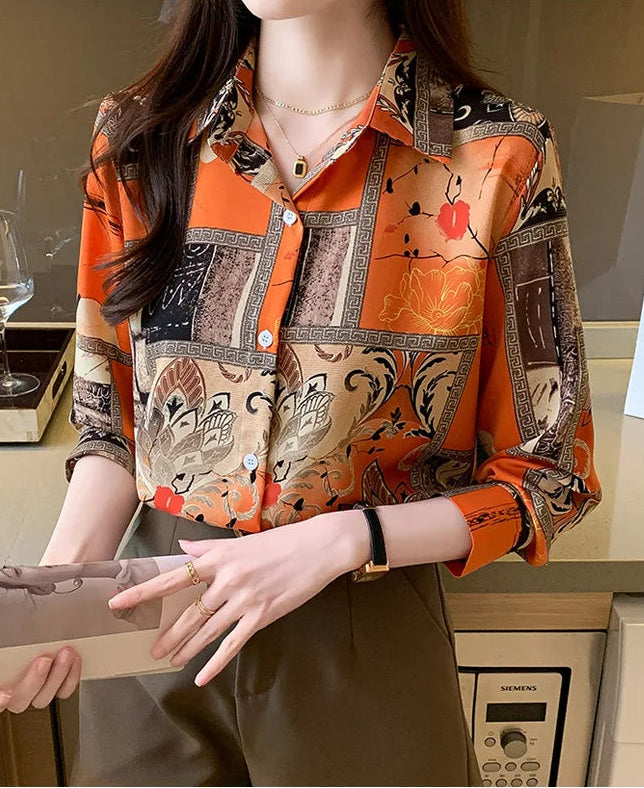 Slim Floral Long-sleeved Shirt Loose Printed Top for Women