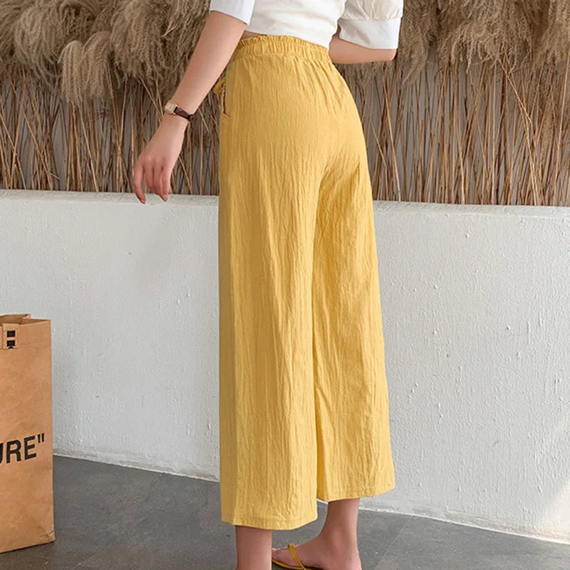 Casual Baggy Wide Leg Trousers Women Summer Thin Comfy Breathable Ankle Length Pants Vintage Loose Cotton Linen Straight Pants