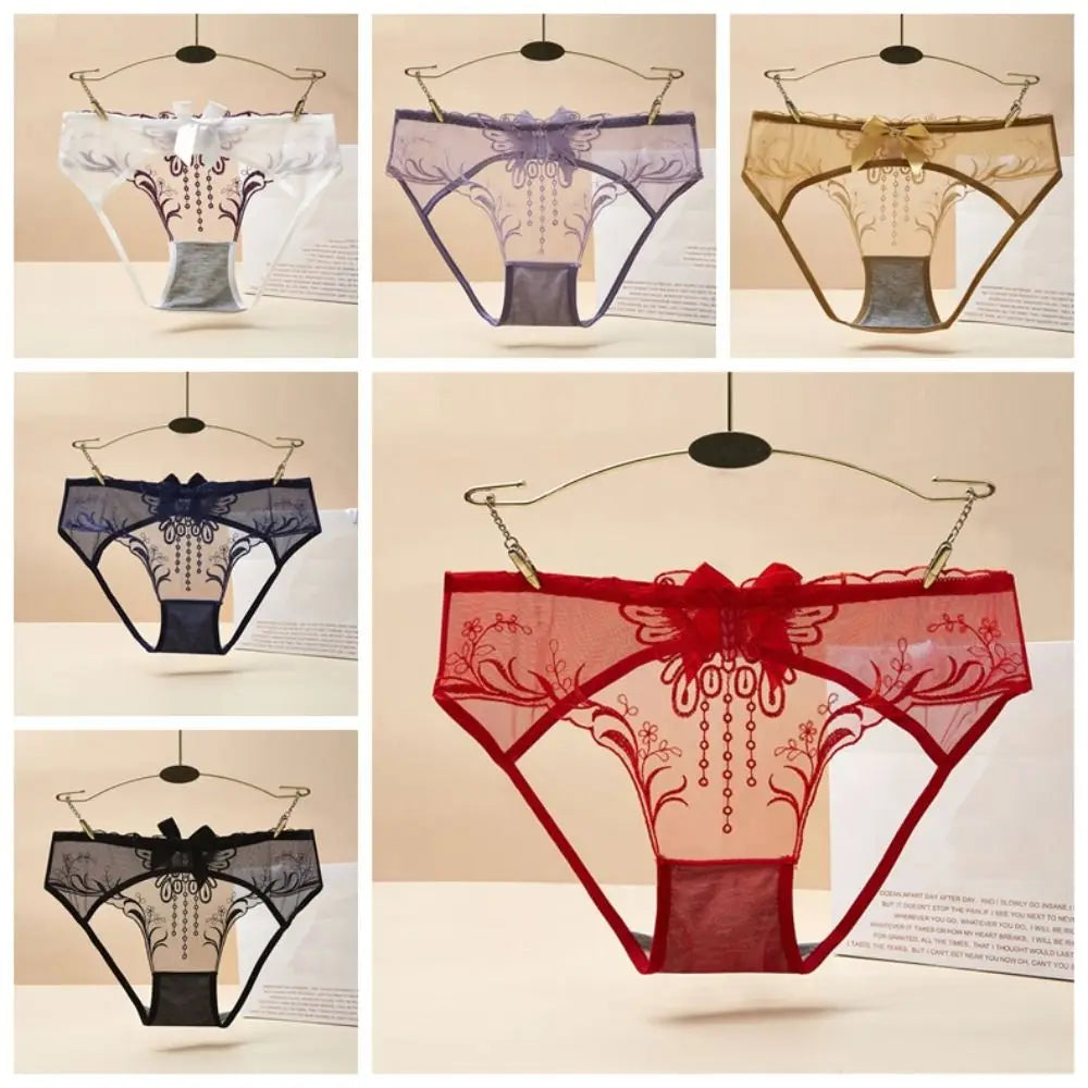 Low Waist Bowknot Lace Hollow Briefs Thin Leaf Flower Mesh Transparent Panties Underpants Open Cotton Crotch