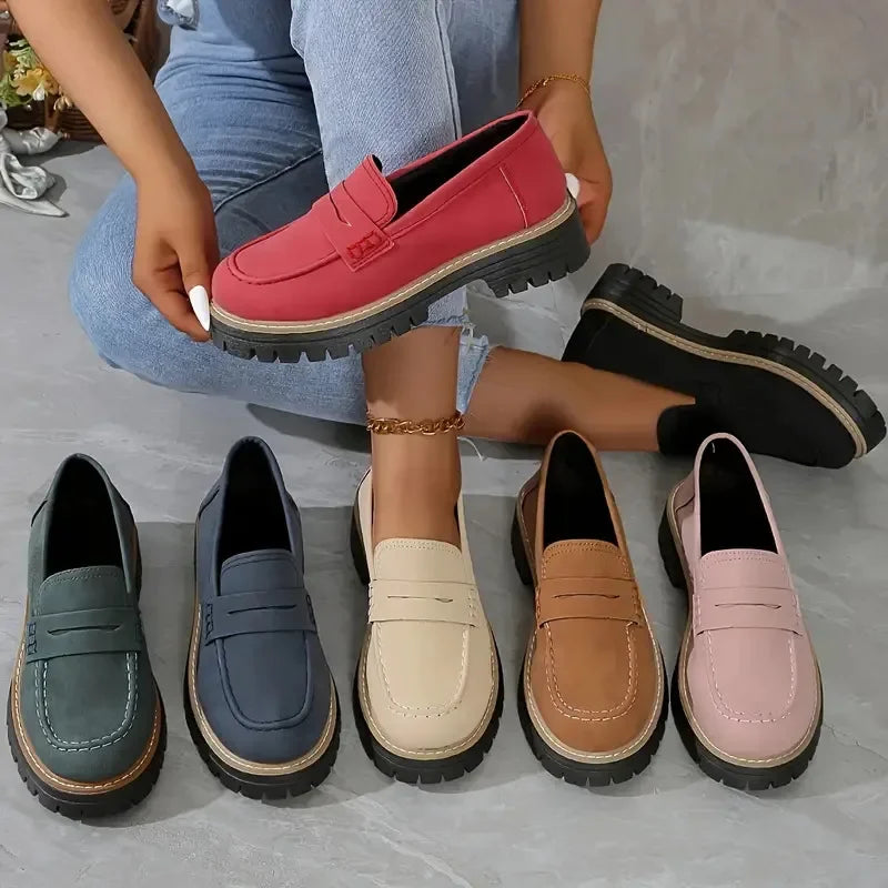 Loafers casual sandblasted British style women's shoes with thick heels and retro single shoes
