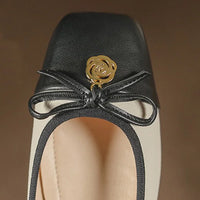 Woman Bowknot Square Toe Lolita Kawaii Lady Barefoot Boat Flats Metal Elegant Ballerina Party Mary Jane Shoes