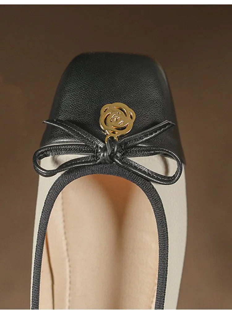 Woman Bowknot Square Toe Lolita Kawaii Lady Barefoot Boat Flats Metal Elegant Ballerina Party Mary Jane Shoes