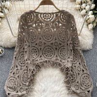 Casual Loose Knitting Top O Neck Hook Flower Hollow Long Sleeved Tassel Design Fashion French Vintage Blouse