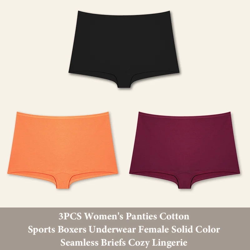 3PCS Women's Panties Cotton Seamless Sports Boxers Underwear Female Solid Color Briefs Cozy Lingerie Intimate Underpants