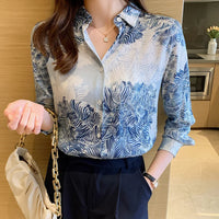 French Printed Lapel Shirt Long Sleeve Loose Mulberry Silk Top Temperament Commuting Shirt Women's Summer Style