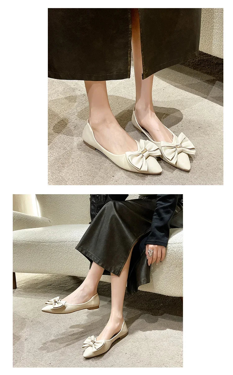 Soft Bottom Flat Casual Women's Shoes Butterfly Knot Slip-On Simple Design Shoes  Synthetic Leather