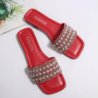 Women's Sandals Flat Bottom Slip-On Shoes Crystal Shiny Sequin Style Square Head Open-Toe Flat Heels