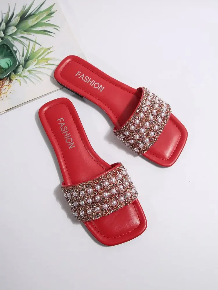 Women's Sandals Flat Bottom Slip-On Shoes Crystal Shiny Sequin Style Square Head Open-Toe Flat Heels