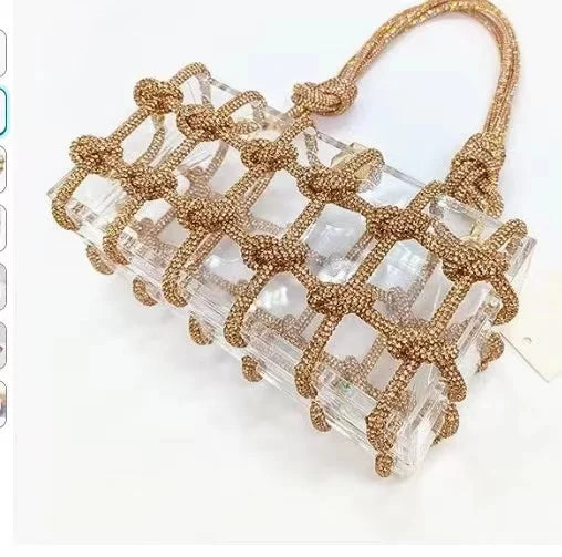 Diamond Clear Acrylic Box Evening Clutch Bags for Women, Boutique Woven Knotted Rope, Rhinestone Purse, Wedding Party Handbag