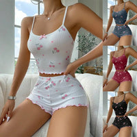 Sleepwear Women's Heart Print Sexy Strap Vest Shorts Home Clothes Set Polyester Fiber Medium Weight Sleeveless
