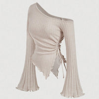 Fashion Slant Shoulder Street Personalized Style Spicy Girl Irregular Tie Rope Long Sleeve Slimming T-shirt Women's Wear