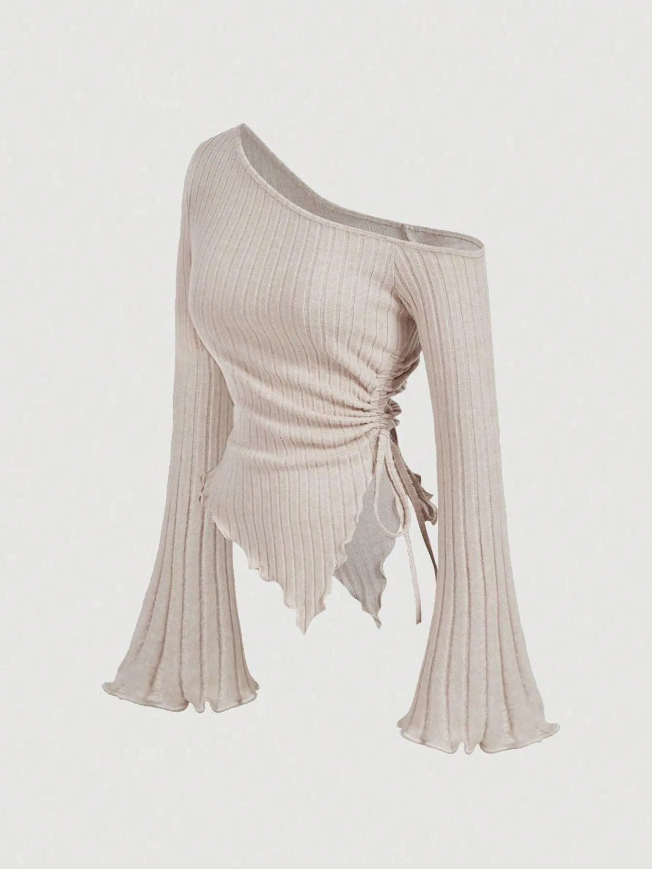 Fashion Slant Shoulder Street Personalized Style Spicy Girl Irregular Tie Rope Long Sleeve Slimming T-shirt Women's Wear