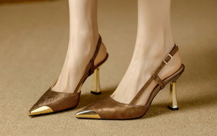 Women's Pumps Sexy Stiletto Sandals Fashion Metallic Pointed Toe Rear Hollow Out High Heels Single Shoes Lady Sandals